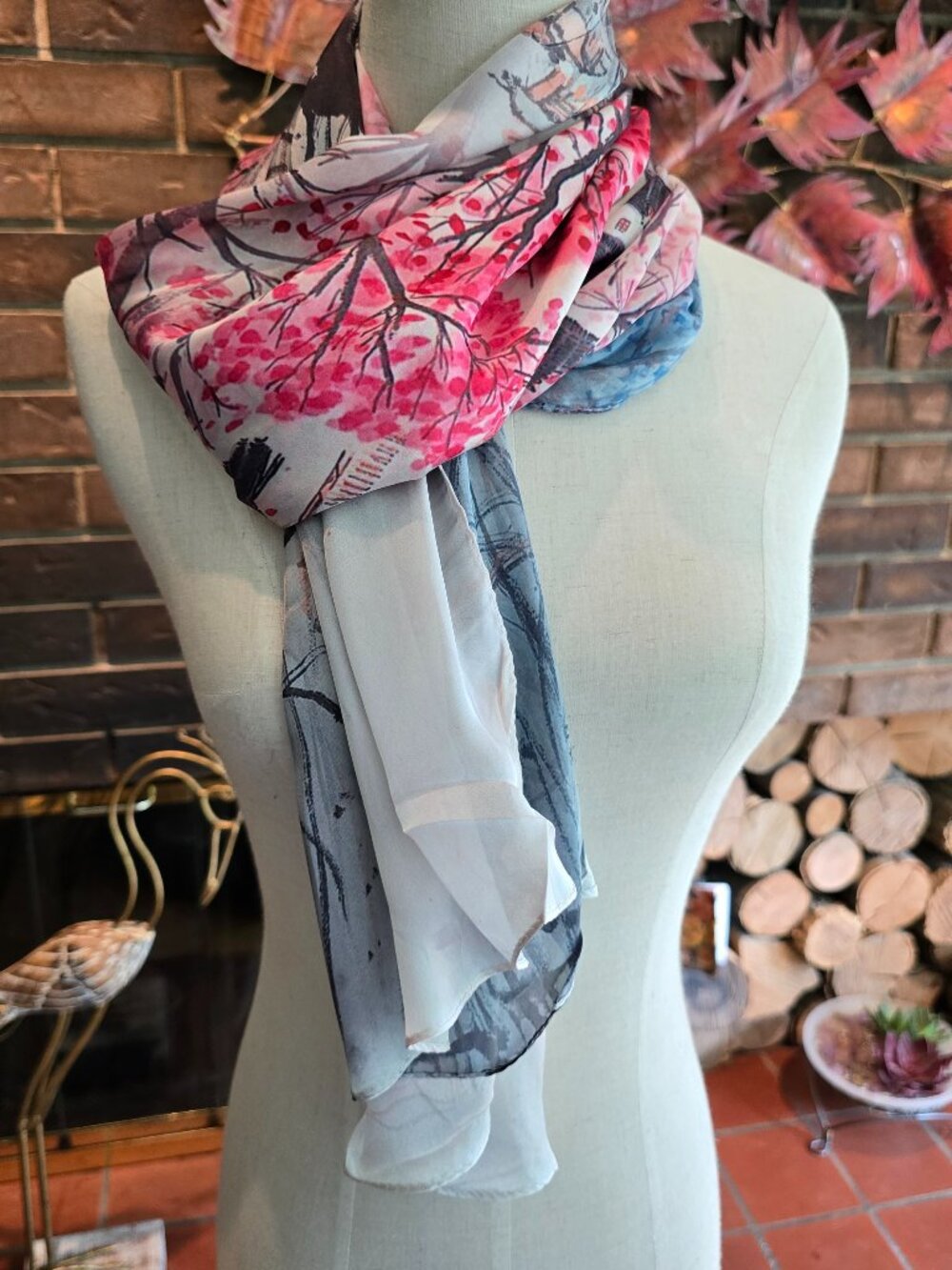 Vintage 100% Silk Cherry Blossom & Village Scenery Scarf